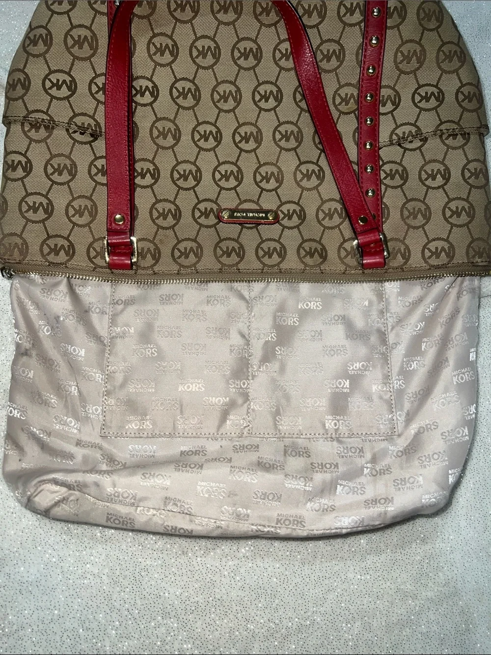 Michael Kors Beige Logo Tote with Red Trim - Picture 8 of 11